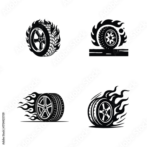 Set of car tire silhouettes with fire flames, racing wheel and speed vector icons