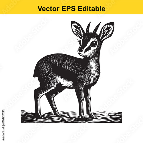 Vector art of black and white illustration of a small antelope standing on a textured ground