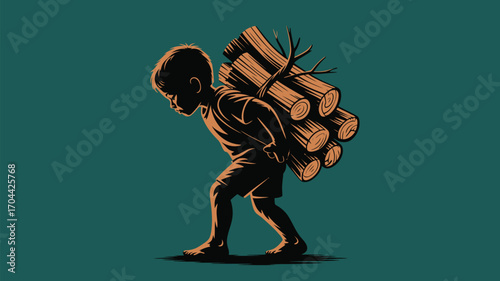 Boy carrying heavy wood logs for winter firewood preparation in rural community illustration