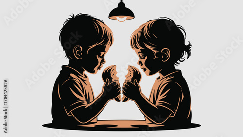 Two children sharing delicious donut happily under warm lamp lighting, creating warm family bonding moment