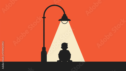 Lonely child sitting under streetlight at night with orange sky, evokes sadness and longing for connection