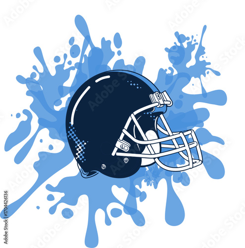 American football helmet insky blue and navy with splash background. A bold, high-impact design ideal for sports apparel, team branding, fan merchandise, promotional graphics, and football culture the