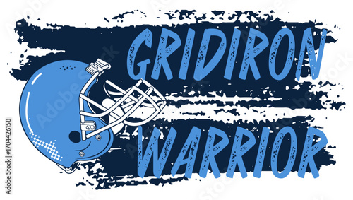 Bold “GRIDIRON WARRIOR” text with helmet Sky blue and navy and dynamic brushstroke background. Ideal for sports apparel, team branding, football graphics, fan merchandise, and promotional design.