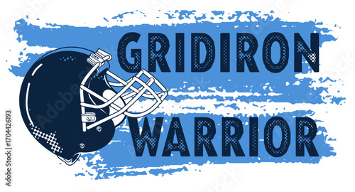 Bold “GRIDIRON WARRIOR” text with helmet Sky blue and navy and dynamic brushstroke background. Ideal for sports apparel, team branding, football graphics, fan merchandise, and promotional design.