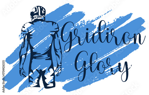 Sketch style football player with Gridiron Glory text on brush strokes in sky blue and navy . Bold design for sports apparel team branding fan gear and promotional graphics