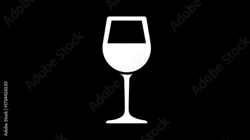 A minimalist graphic depicts a white wine glass, partially filled, set against a stark black background.  Simple lines define the glass's form
