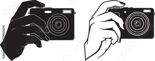 Two hands holding a digital camera in silhouette and line art style