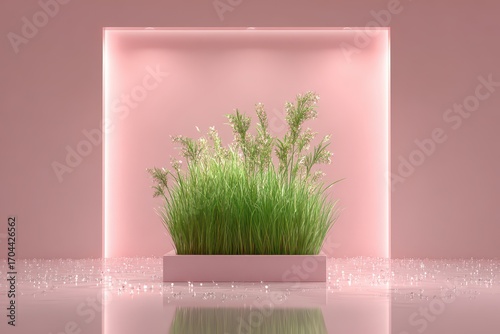 A minimalist still life featuring a rectangular planter with lush green grass and delicate white flowers against a soft pink backdrop, conveying serenity and freshness.