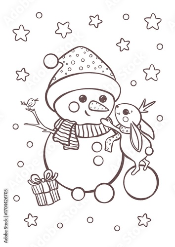 Snowman coloring page, cute Christmas snowman with bunny and gift, winter holiday cartoon line art, festive outline drawing with stars and snowflakes for kids coloring book