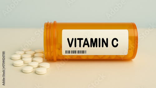 Box of VITAMIN C tablets on a hospital pharmacy table used to support immunity and collagen synthesis a vitamin supplement.