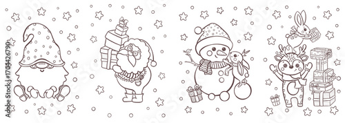 Christmas coloring pages set, Christmas Clipart, cute gnome, Santa Claus with gifts, snowman with bunny, reindeer with presents, festive holiday cartoon line art, black and white outline drawings for 
