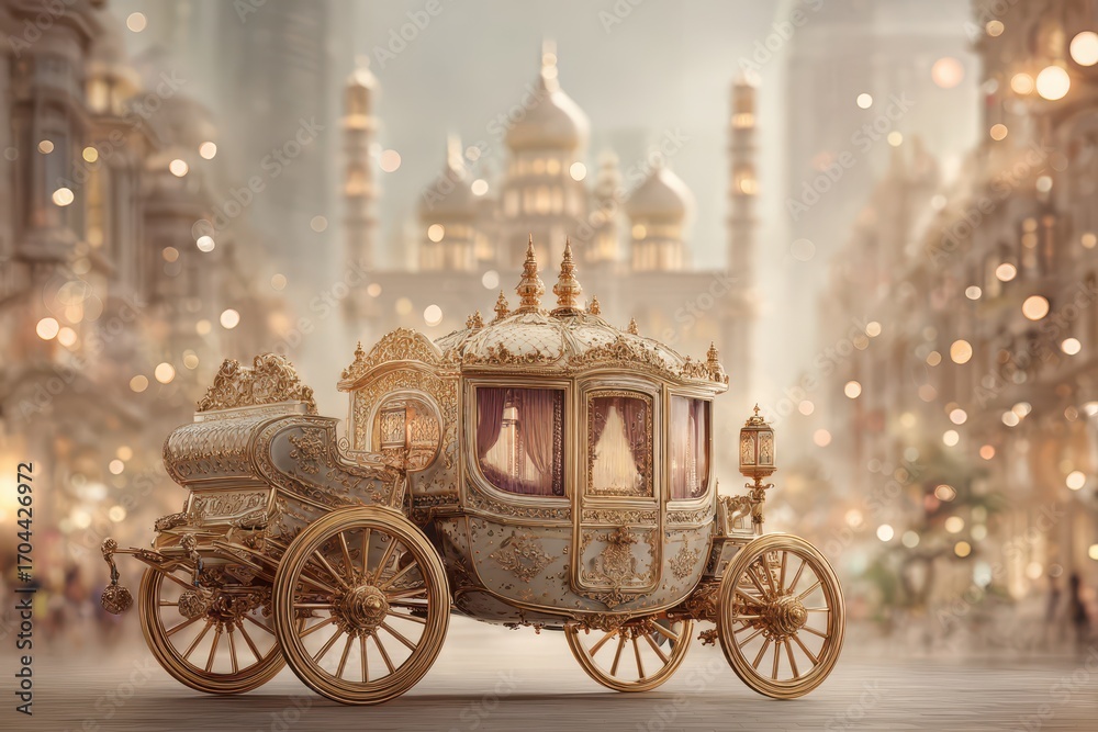 Fototapeta premium Enchanting golden royal carriage in a festive city, elegant design, opulent fairytale scene.