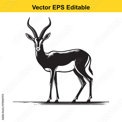 Vector art of black and white illustration of a gazelle standing on a plain