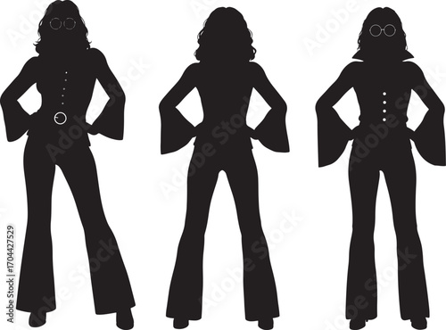 Three disco era women in flared pants and bell sleeves silhouette