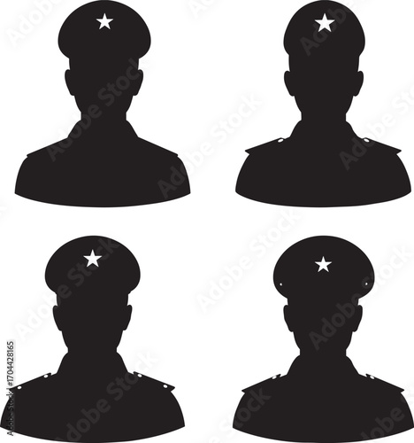 Four military officer bust silhouettes with stars on caps silhouette