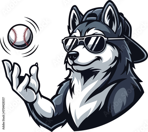 Vector art of cool husky dog wearing sunglasses tossing a baseball
