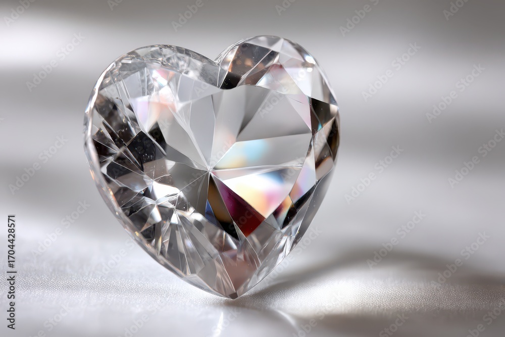 Fototapeta premium A brilliant faceted heart-shaped crystal on a smooth white satin surface.