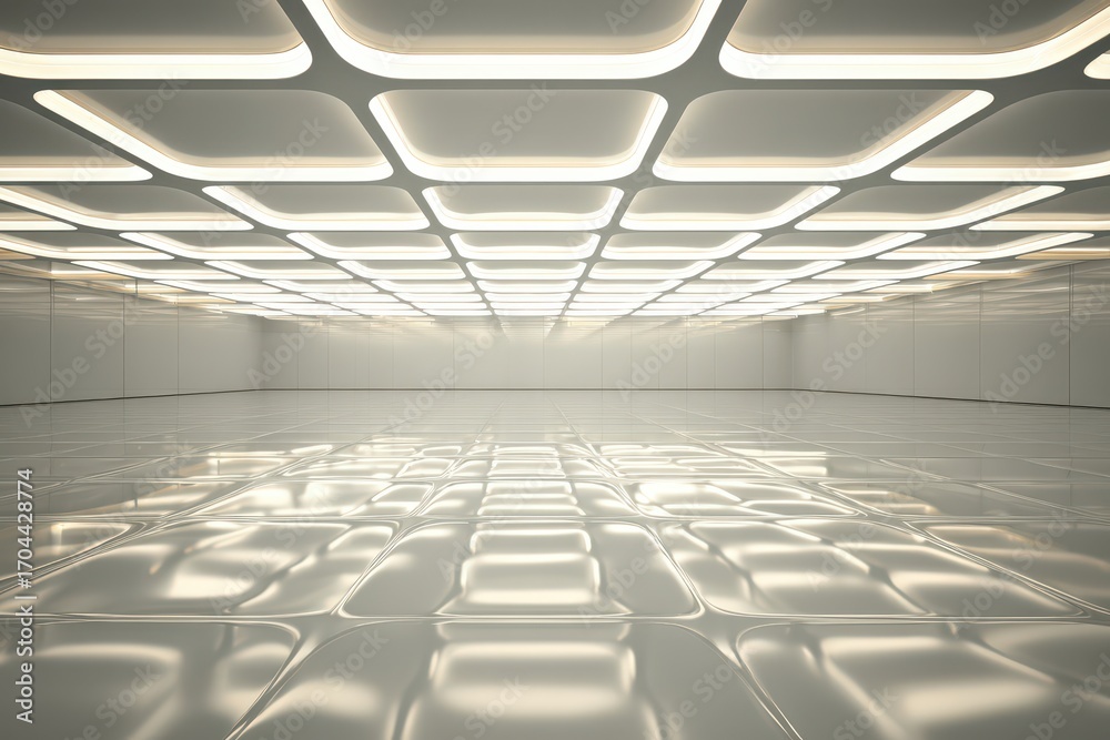 Fototapeta premium Spacious, bright, modern futuristic empty room with glowing ceiling lights.