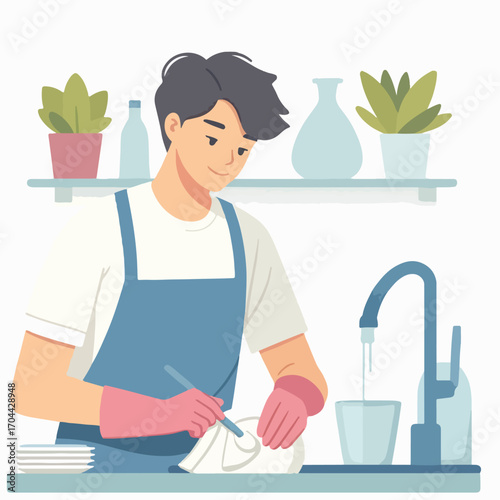 vector of a young man washing dishes