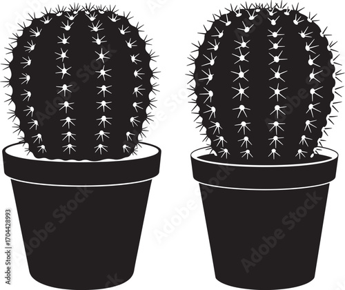 Two potted cacti in a simple black silhouette against a white background silhouette