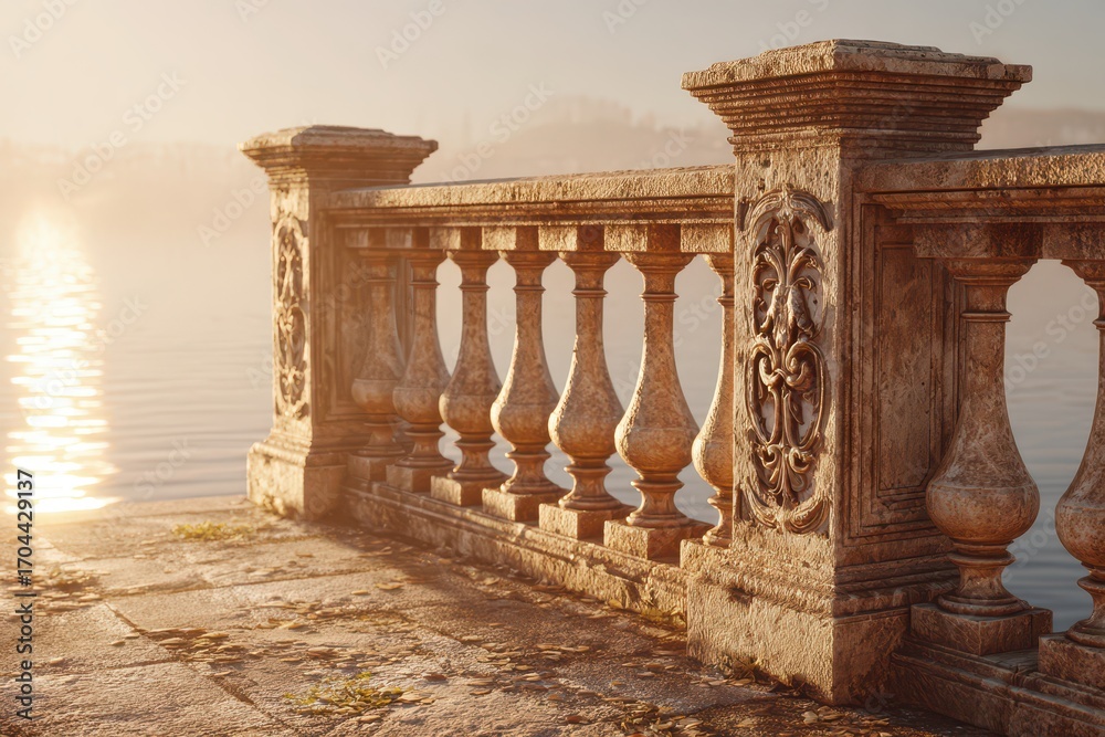 Fototapeta premium An ornate stone balustrade illuminated by golden hour sunlight overlooking tranquil water.