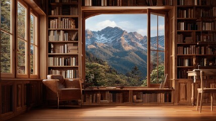 mountains bookshelf background of interior home office library study window views of trees and hills rustic wood bookshelves in cozy room virtual online presentation teams meeting room backdrop
