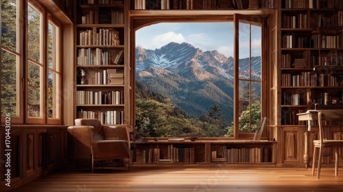 mountains bookshelf background of interior home office library study window views of trees and hills rustic wood bookshelves in cozy room virtual online presentation teams meeting room backdrop