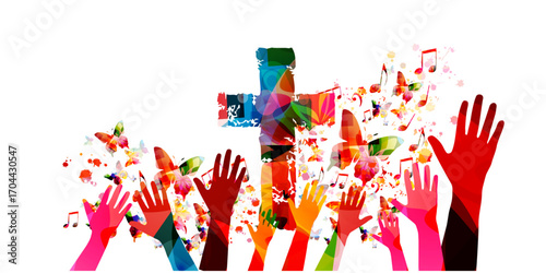 Christian cross with hands and musical notes isolated vector illustration. Religion themed background. Design for Christianity, prayer and care, church choir, church service, communion, charity, help