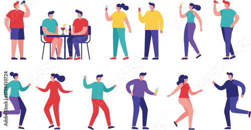 Cartoon people drinking, dancing, running, walking, socializing, fitness lifestyle, colorful characters, flat design, fun activity, modern vector illustration, vibrant scene