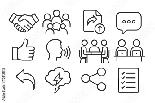 Teamwork Icons. Line style icons of collaboration and teamwork: handshake, group discussion, shared file, comment box; thumbs up,