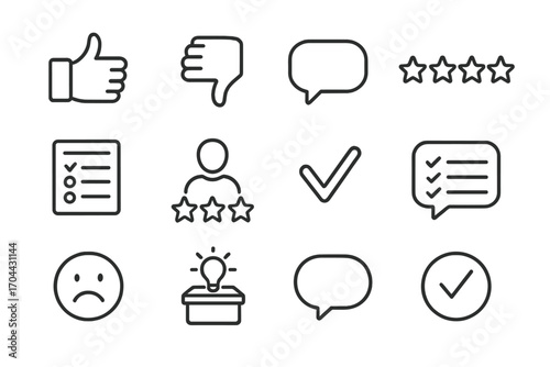 Feedback Icons Collection. Line style icons of feedback and evaluation: thumbs up, thumbs down, chat bubble, star rating; poll