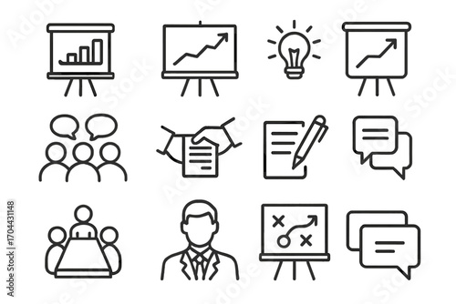 Consulting Icons Set. Line style icons of consulting and strategy talk: flip chart, business graph, whiteboard, idea bulb; group