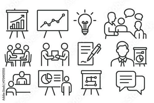 Consulting Icons Set. Line style icons of consulting and strategy talk: flip chart, business graph, whiteboard, idea bulb; group