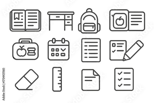 Student Routine Icons. Line style icons of daily student routine: planner, desk, backpack, notebook; lunchbox, calendar, schedule,