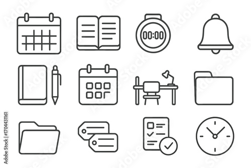 Education Schedule Icons. Line style icons of education schedule management: wall calendar, study planner, digital timer,