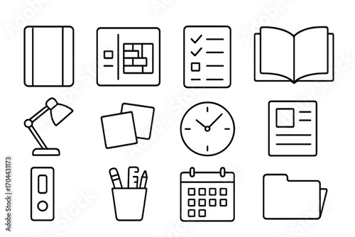 Study Tools Icons. Line style icons of homework and revision tools: planner, schedule chart, checklist, open book; desk lamp,