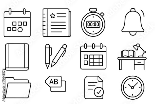 Education Schedule Icons. Line style icons of education schedule management: wall calendar, study planner, digital timer,