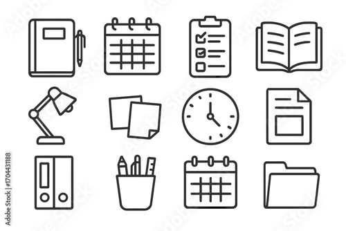 Study Tools Icons. Line style icons of homework and revision tools: planner, schedule chart, checklist, open book; desk lamp,