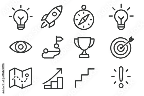 Innovative Journey Icons. Line style icons of innovative journey: light bulb, rocket, compass, idea spark; vision eye, goal path,
