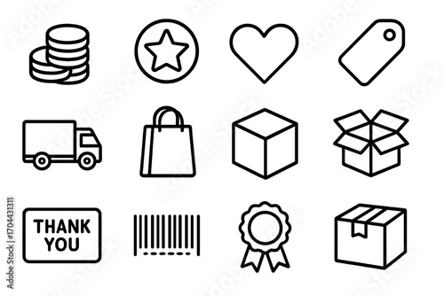 Consumer Rewards Icons. Line style icons of consumer rewards: coins, star badge, heart icon, price tag; delivery truck, shopping