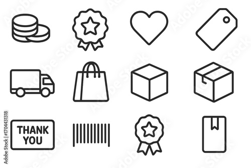Consumer Rewards Icons. Line style icons of consumer rewards: coins, star badge, heart icon, price tag; delivery truck, shopping