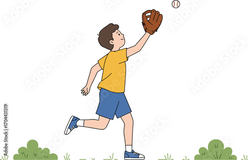 Child, catching, baseball, outdoors, active, sports, glove, motion, grass, sunny, athletic, play, energy, summer, field, action, coordination, youth, fun, game