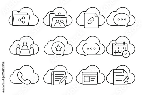 Cloud Collaboration Icons. Line style icons of cloud collaboration: shared drive, team folder, file link, comment box; cloud