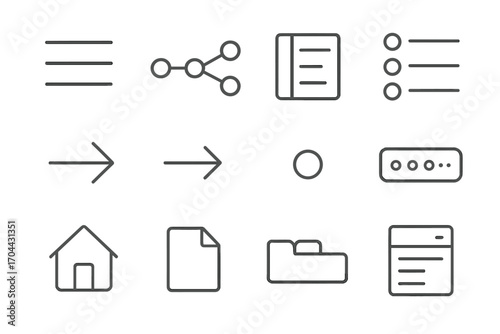 Navigation Icons Collection. Line style icons of navigation components: menu icon, breadcrumb trail, sidebar menu, link list; back