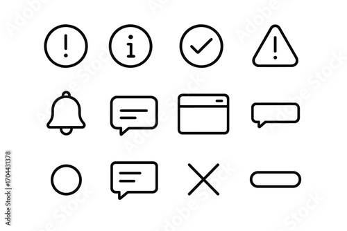 Notification Alert Icons. Line style icons of notifications and alerts: alert icon, info circle, success check, warning triangle;