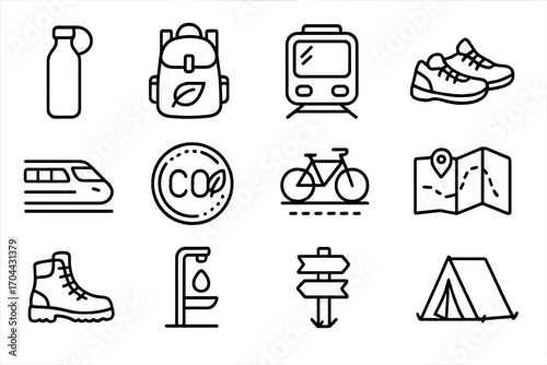Eco Travel Icons. Line style icons of eco travel habits: reusable bottle, eco backpack, public transit, walking shoes; train icon,