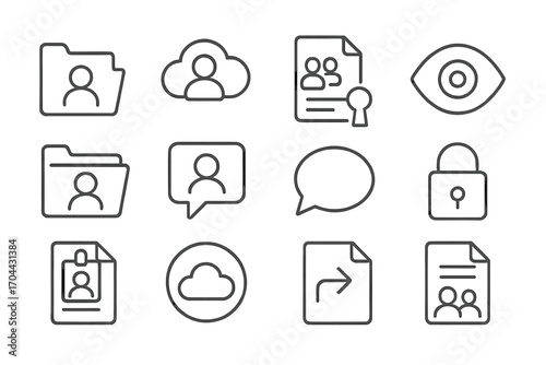 User File System Icons. Line style icons of user-based file systems: shared folder, user cloud, team file, access rights; folder