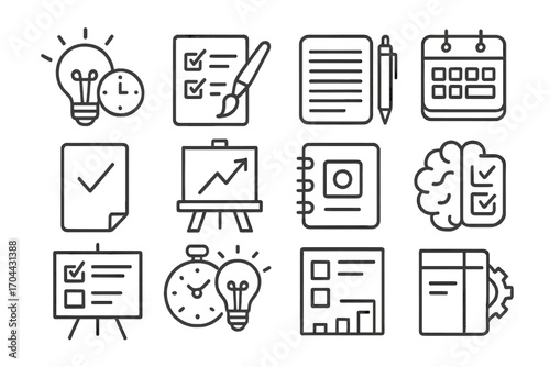 Creative Productivity Icons. Line style icons of creative productivity: idea bulb with clock, checklist with paintbrush, planner