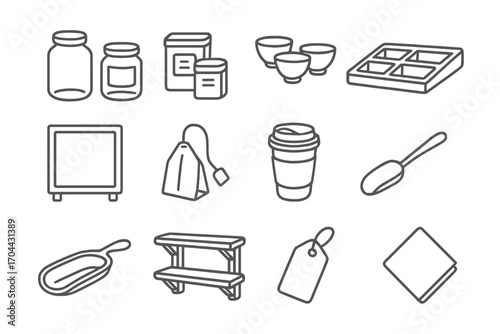 Tea Shop Essentials Icons. Line style icons of tea shop items: glass jars, labeled tea tins, tasting cups, display tray; menu