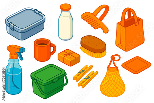 Plastic-Free Living Essentials. Isometric vector illustration set Plastic-free living: stainless steel lunchbox, glass milk bottle